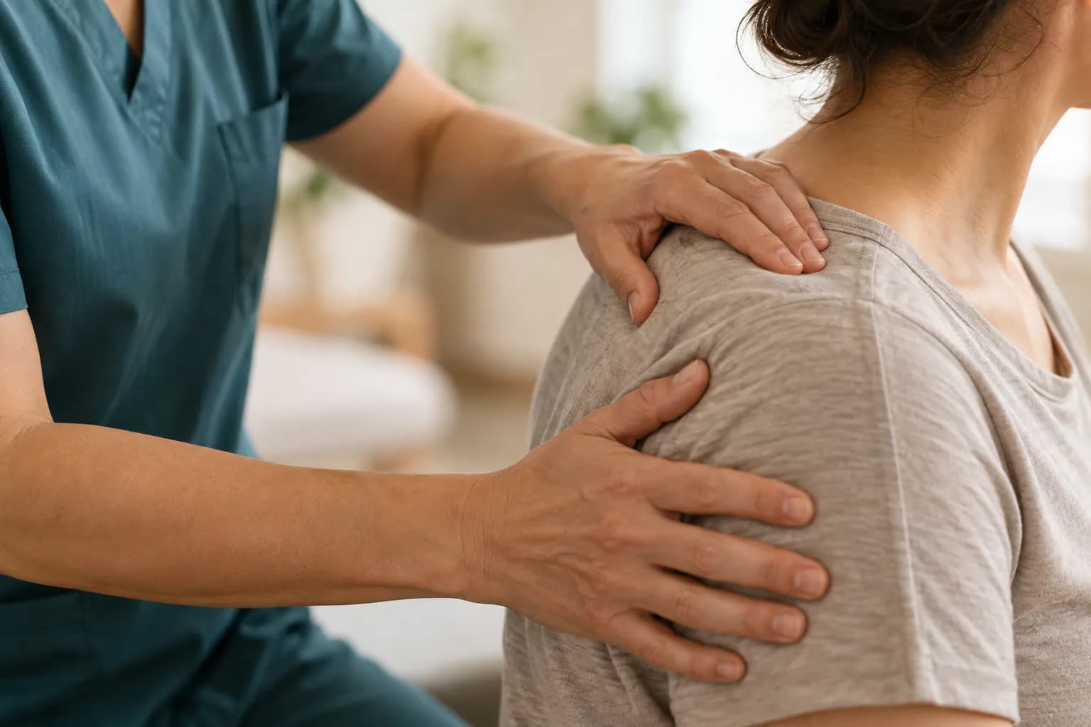 Illustration of a therapist providing hands-on shoulder care.